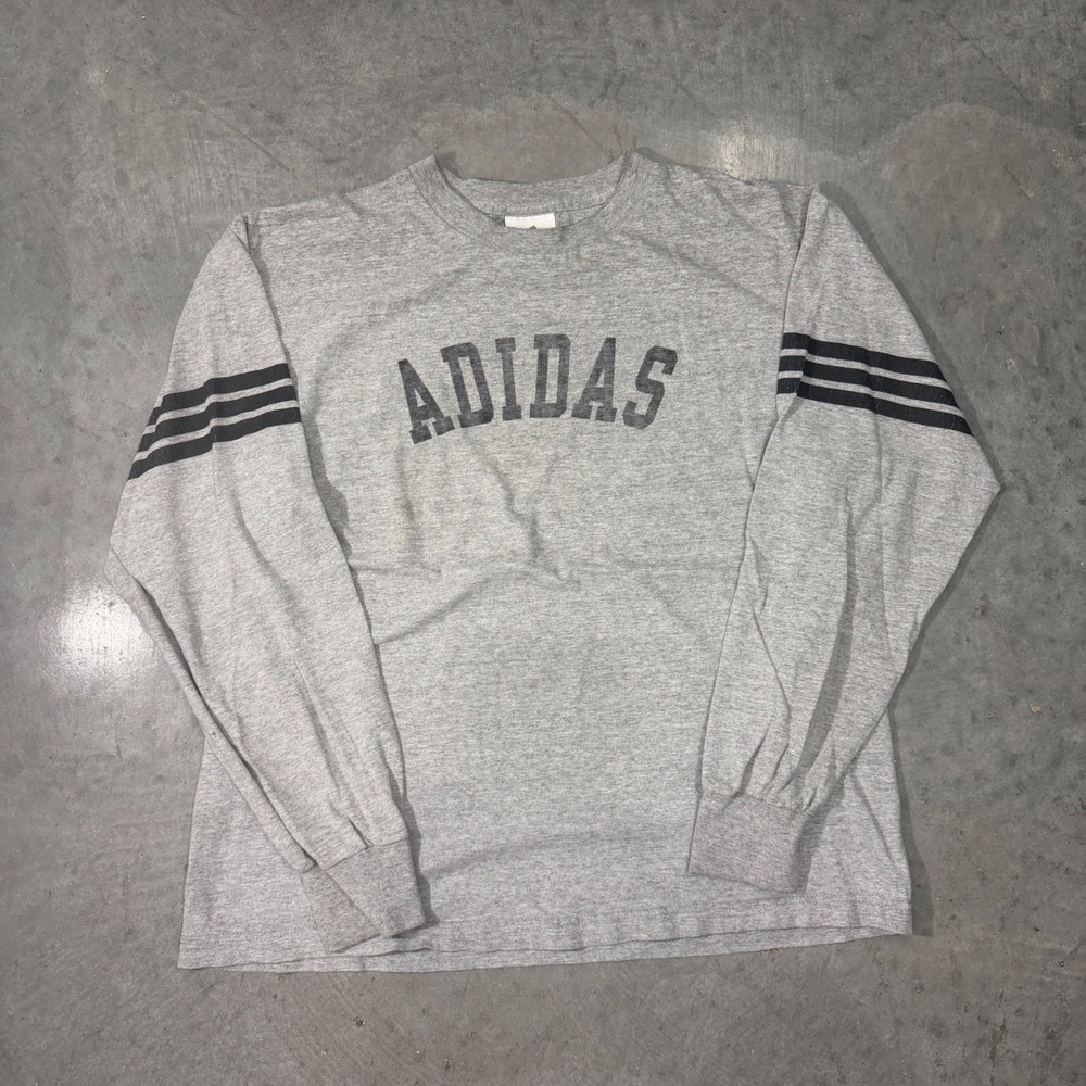 Vintage Adidas Mens Gray Long Sleeve Graphic T-Shirt Arched Logo 3-Stripe Size M